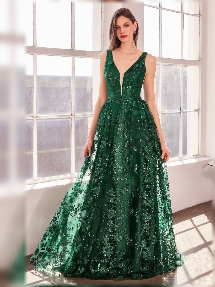 Dark Green a-line floor-length formal dress with floral print, alternate view