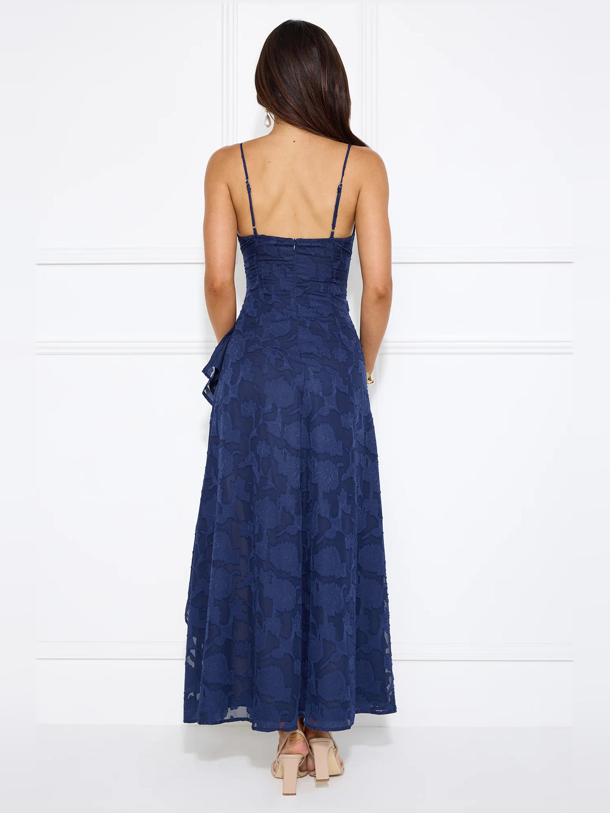 Navy midi formal dress, alternate view showing the shoulder line