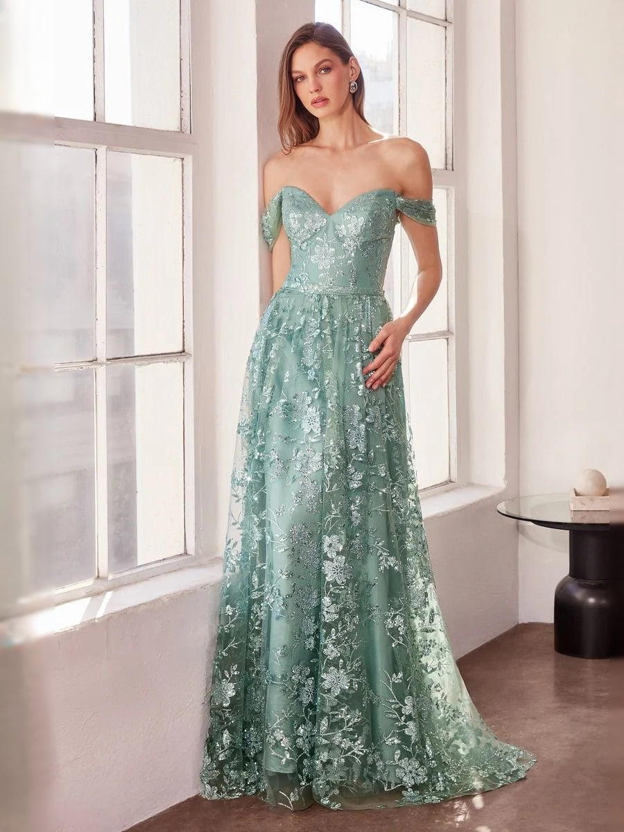 Dusty Sage floor-length prom dress, front view showing the ball-gown silhouette
