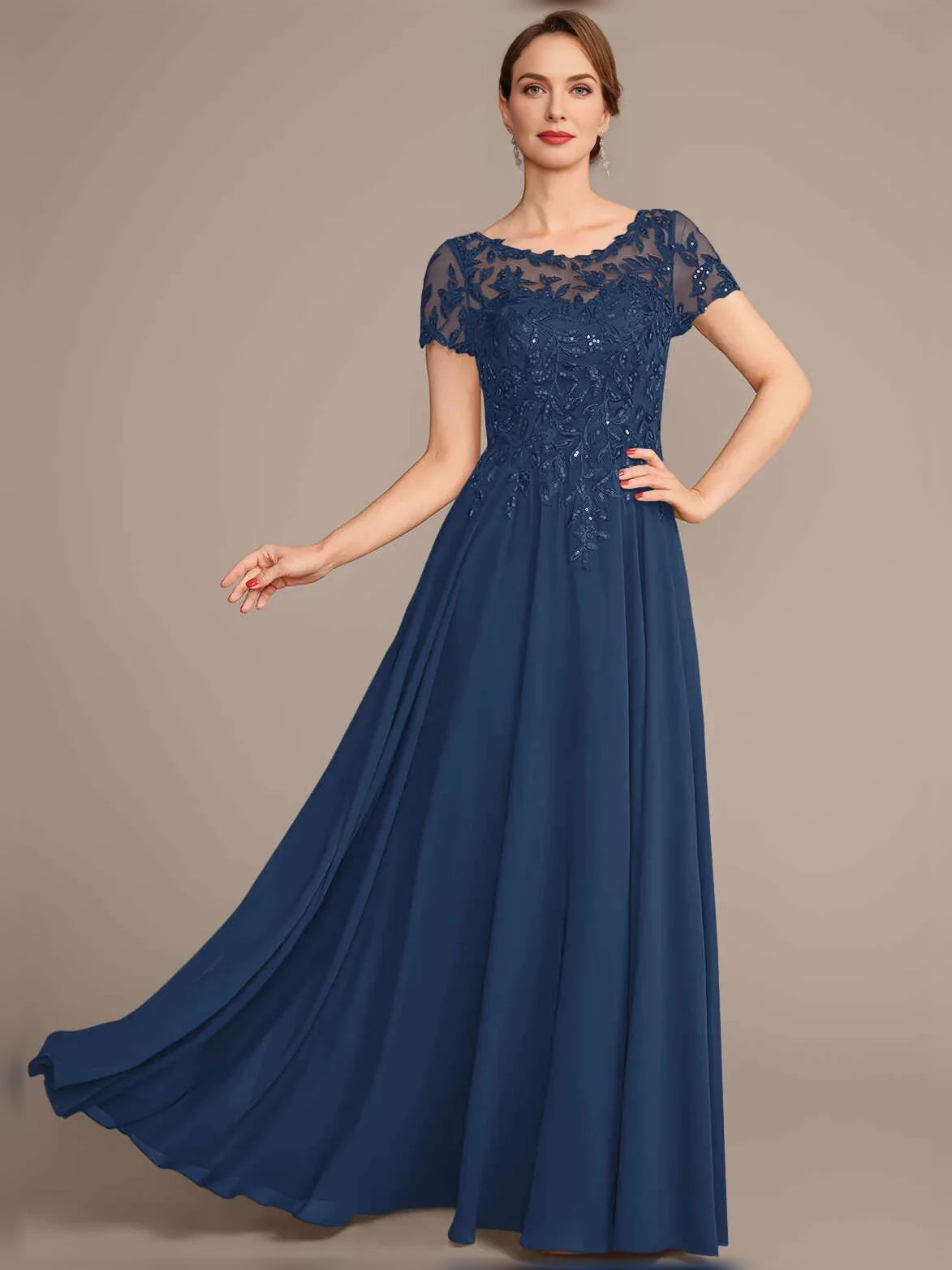 Dark Blue short mother of the bride dress, alternate view showing the full-length silhouette