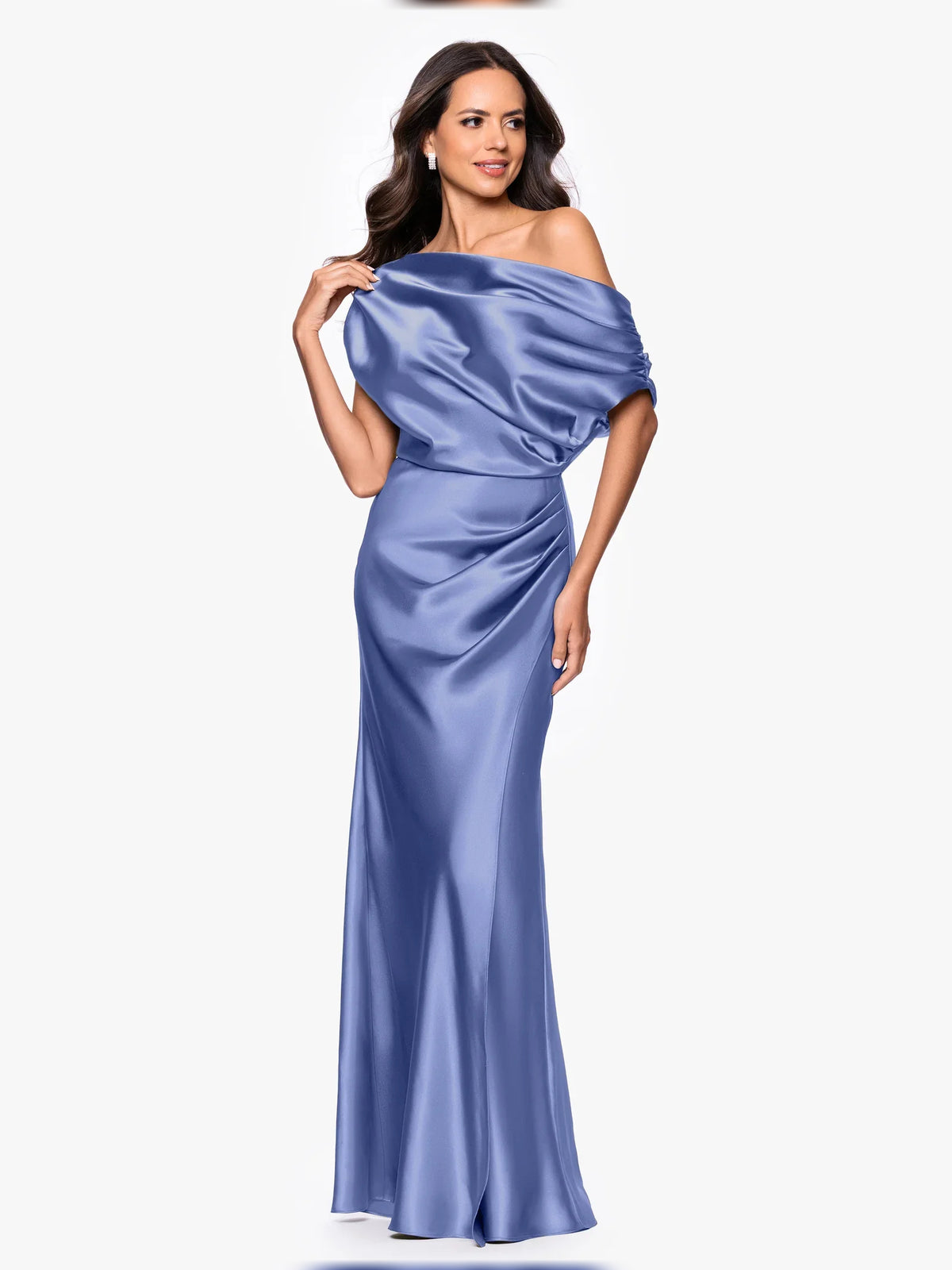 Blue floor-length mother of the bride dress, alternate view showing the full-length silhouette