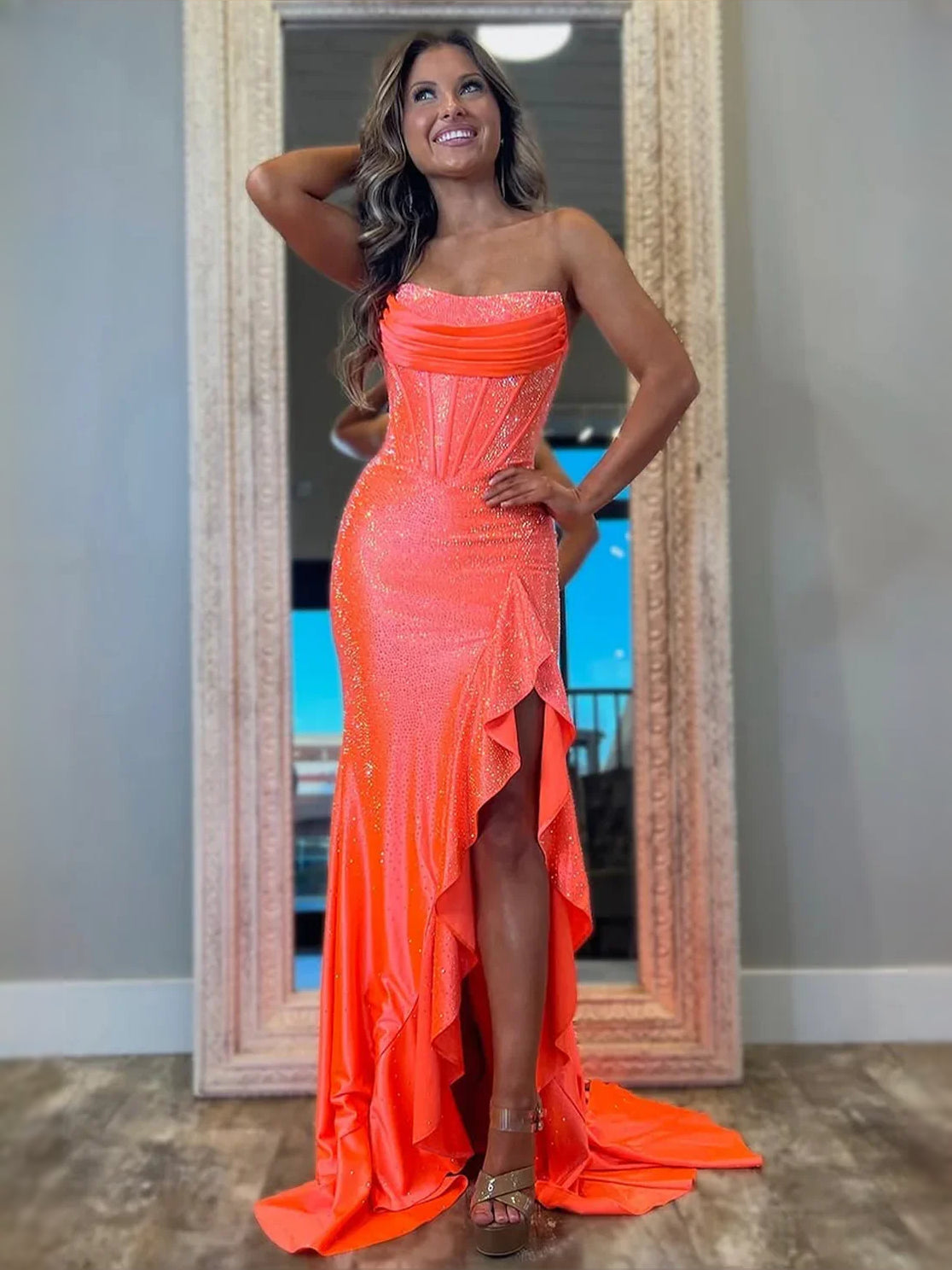 Hot Pink maxi prom dress, alternate view showing the full-length silhouette