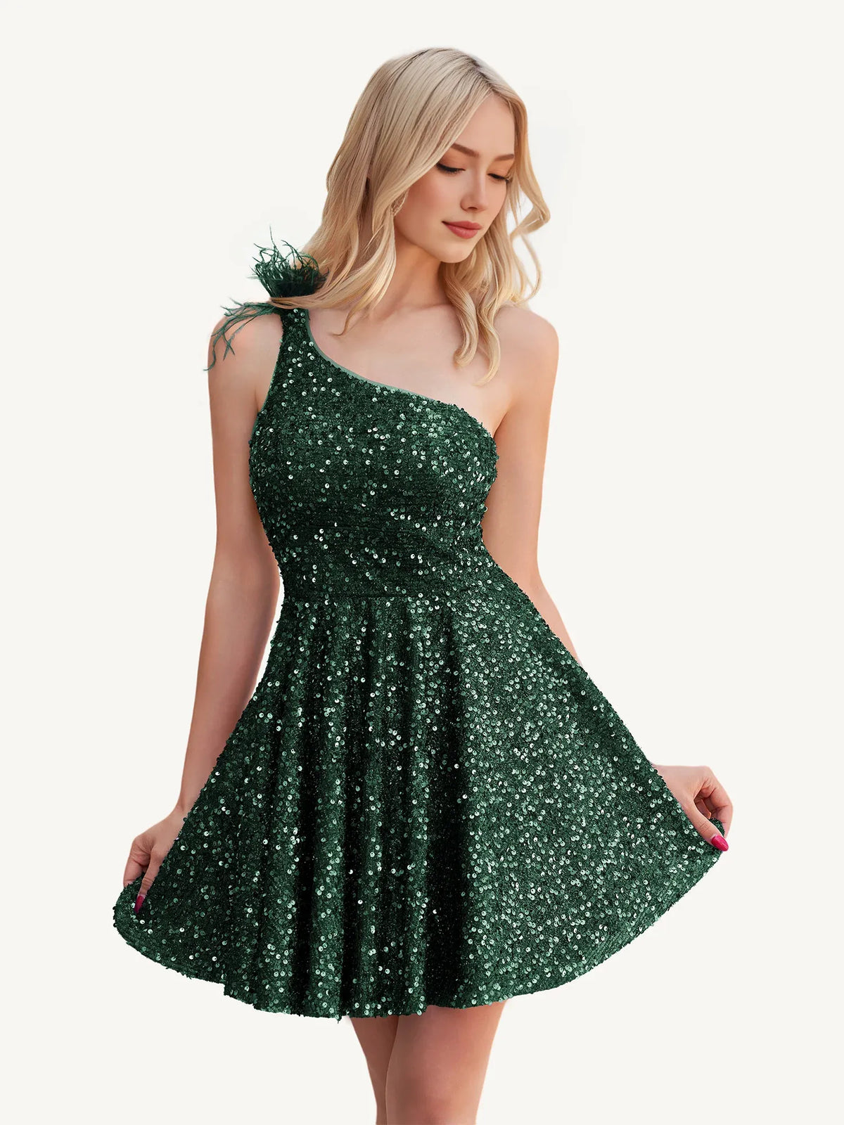 Dark Green mini homecoming dress, alternate view showing the full-length silhouette