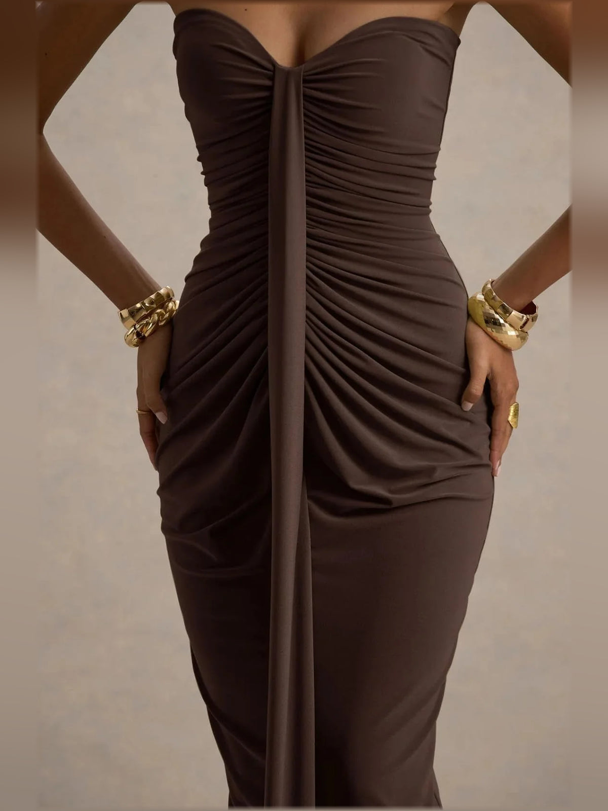 Black mermaid floor-length formal dress with ruching, alternate view showing the shoulder line