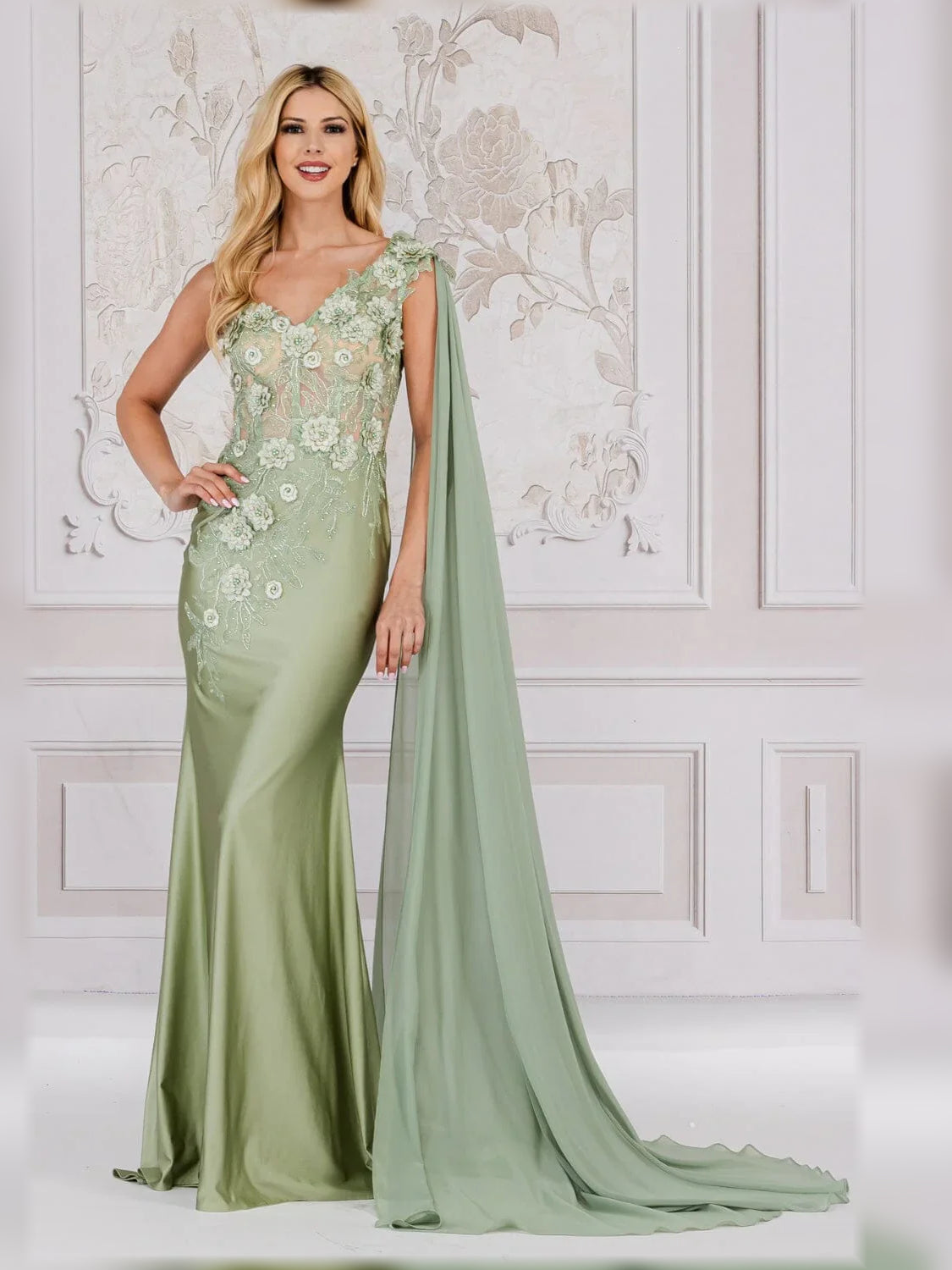 Champagne mermaid floor-length formal dress with floral print, alternate view showing the shoulder line