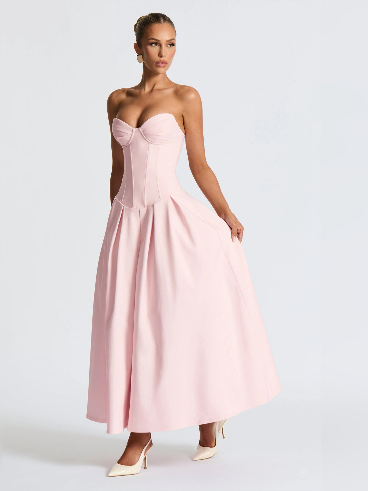 Blush midi formal dress, alternate view showing the shoulder line