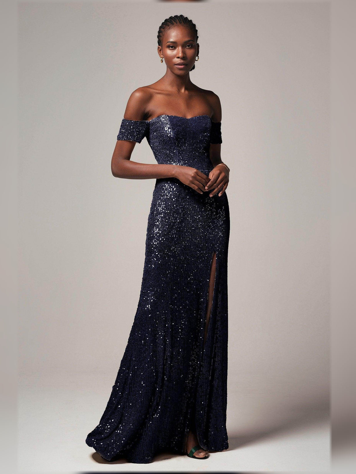 Navy Blue sheath floor-length formal dress with skirt slit, alternate view