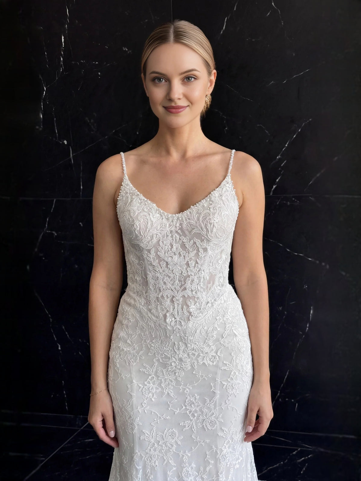 Ivory floor-length wedding dress, alternate view showing the full-length silhouette