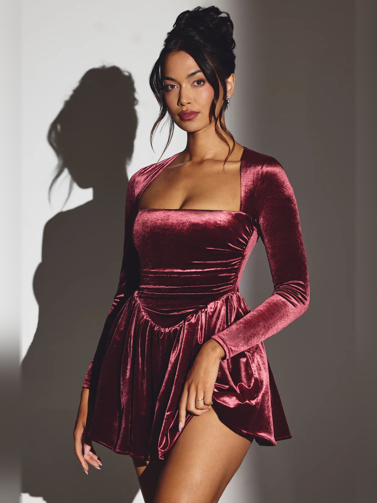 Wine mini homecoming dress, alternate view showing the full-length silhouette