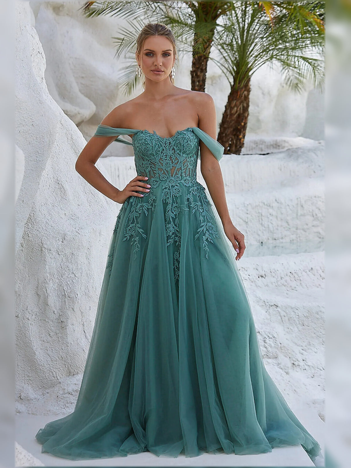 Jungle Green a-line maxi formal dress with draping, alternate view
