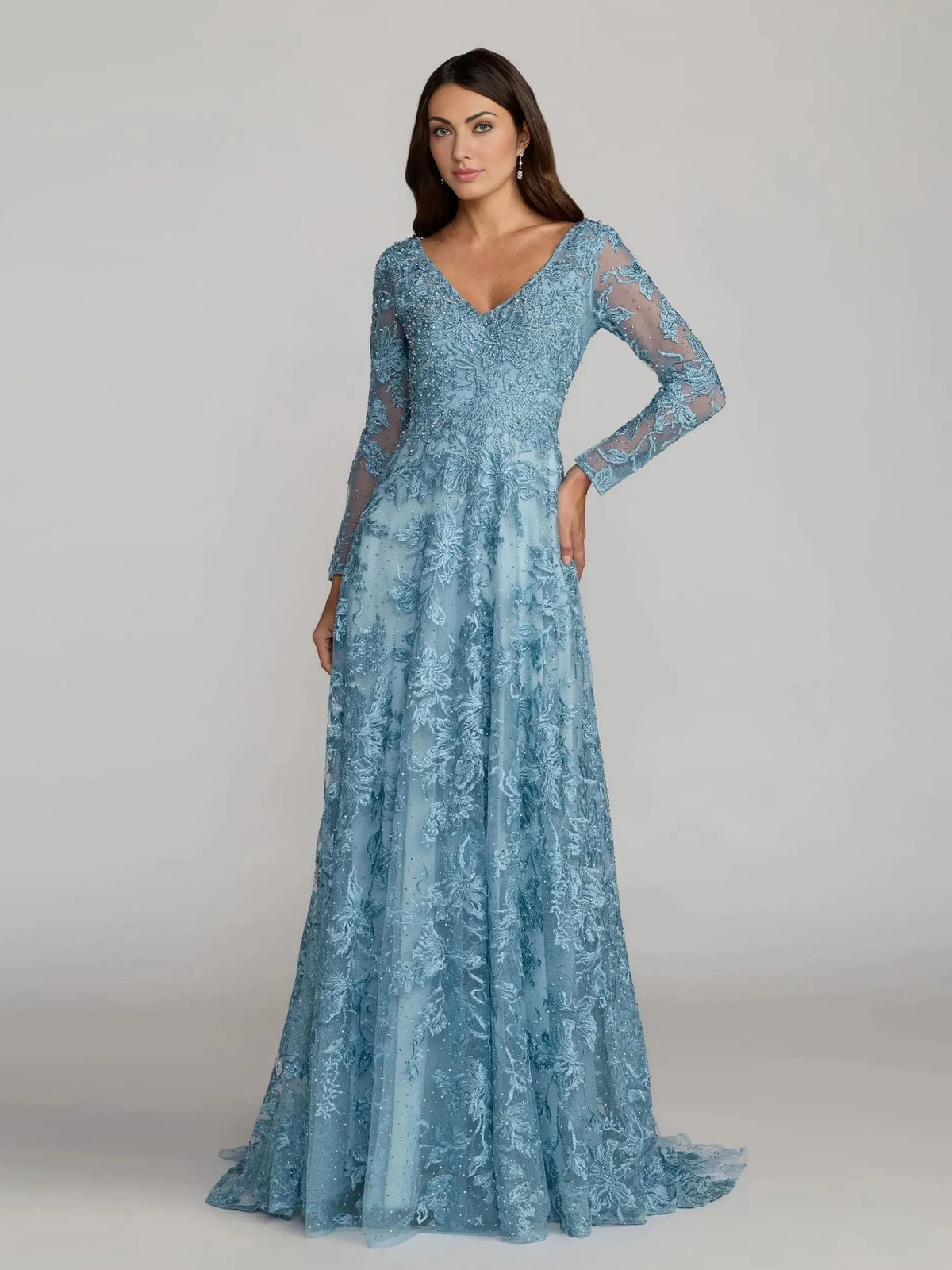 Blue a-line floor-length formal dress with floral print, alternate view
