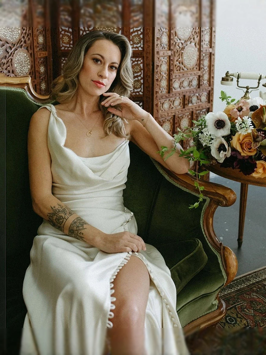 Ivory maxi bridesmaid dress, alternate view showing the full-length silhouette