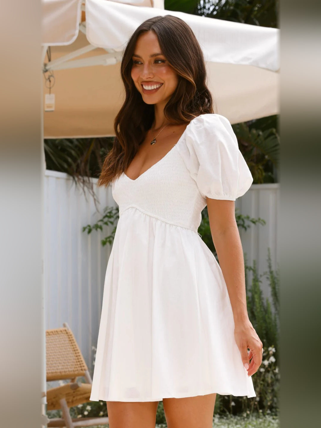 White mini homecoming dress, alternate view showing the full-length silhouette