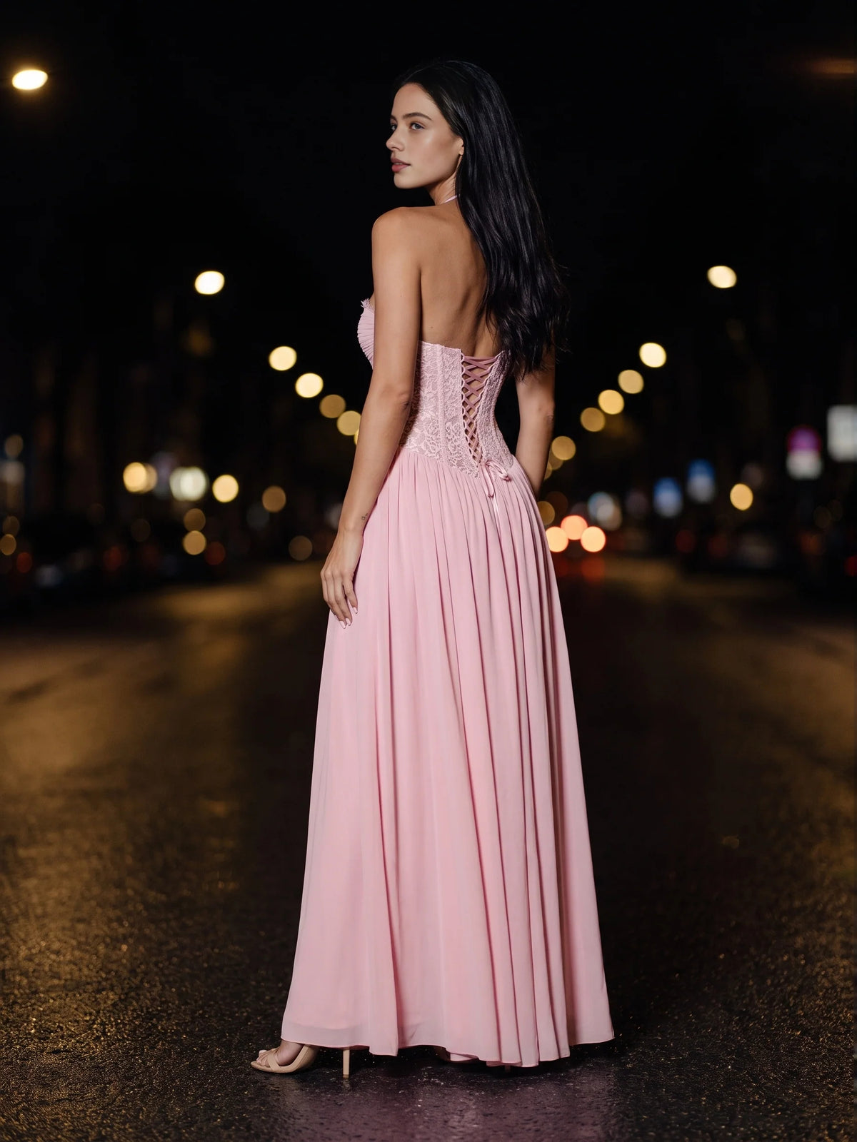 Blush Pink maxi bridesmaid dress, alternate view showing the full-length silhouette