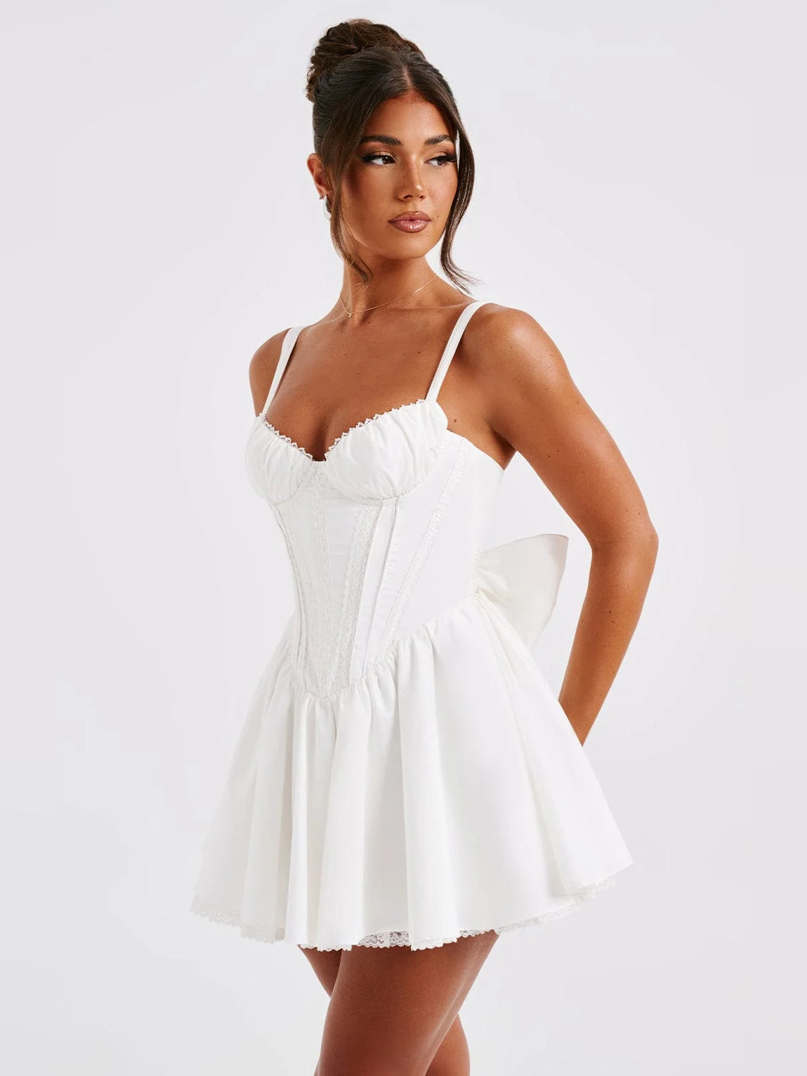 White mini homecoming dress, alternate view showing the full-length silhouette