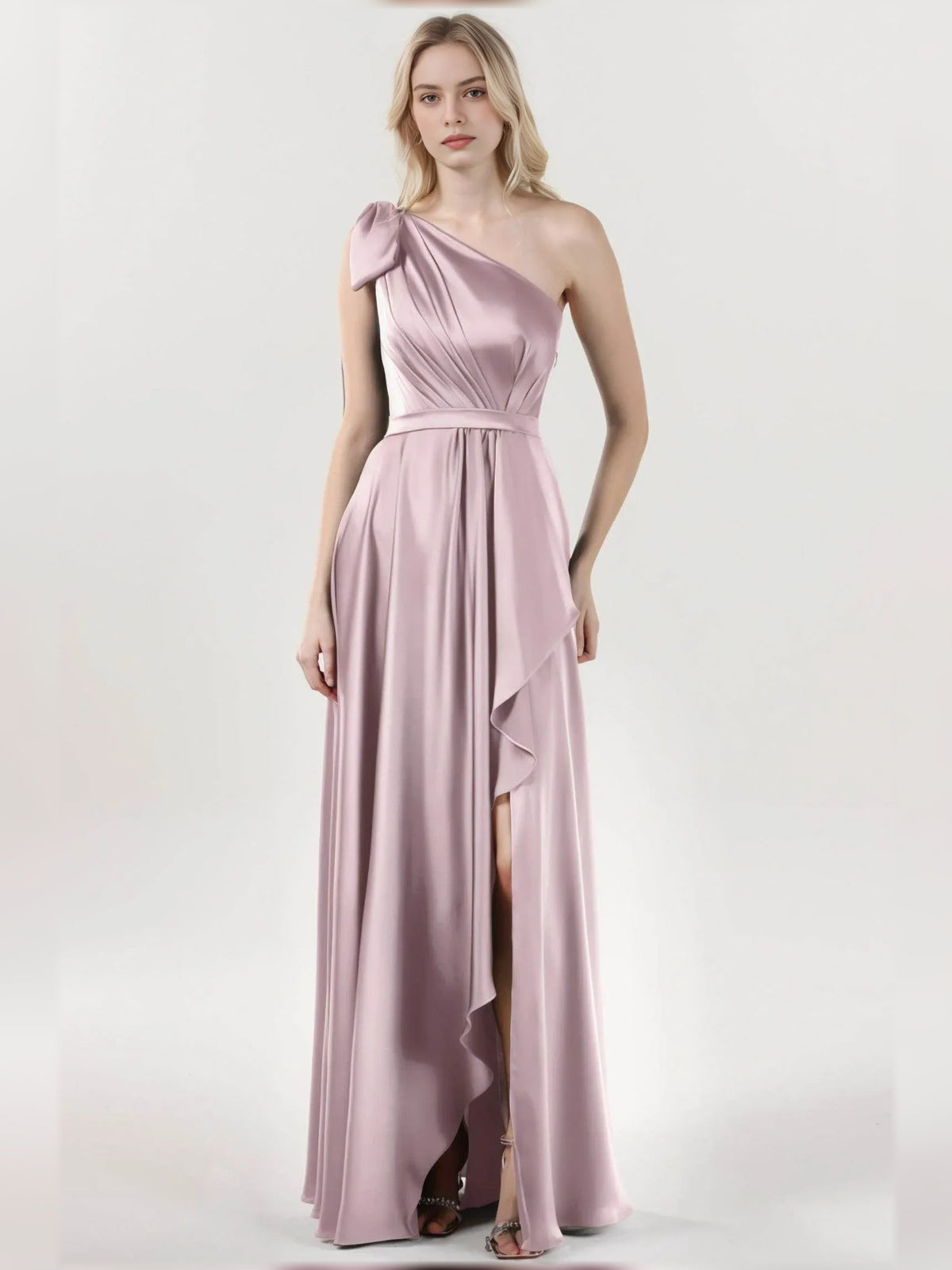 Dusty Rose a-line floor-length formal dress with skirt slit, alternate view