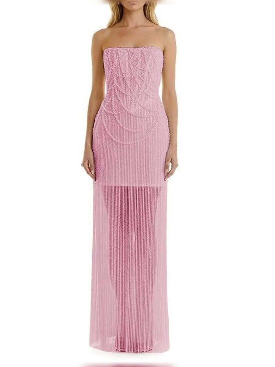 Pink sheath floor-length formal dress with draping, alternate view