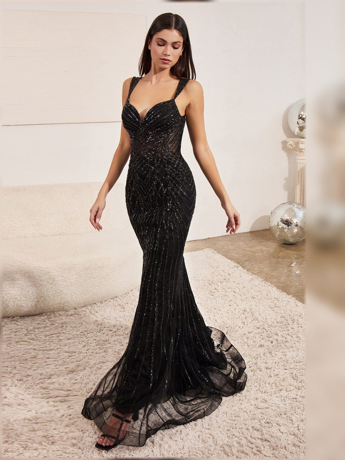 Black mermaid floor-length formal dress with beading, alternate view