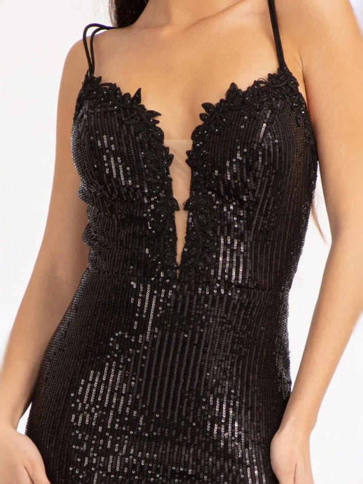 Black floor-length prom dress, alternate view showing the full-length silhouette
