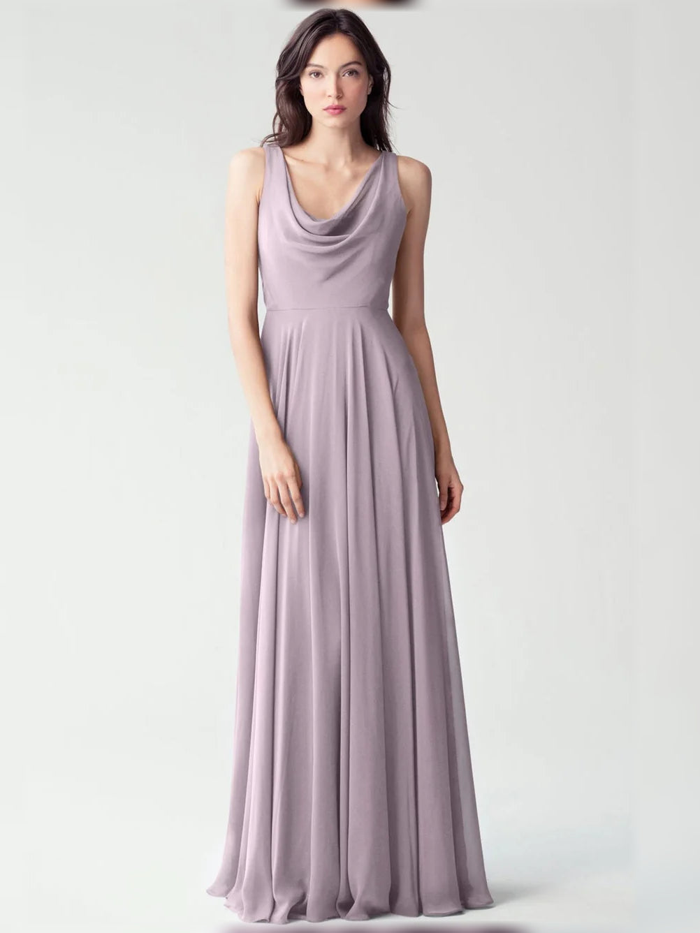 Lilac floor-length bridesmaid dress, alternate view showing the full-length silhouette