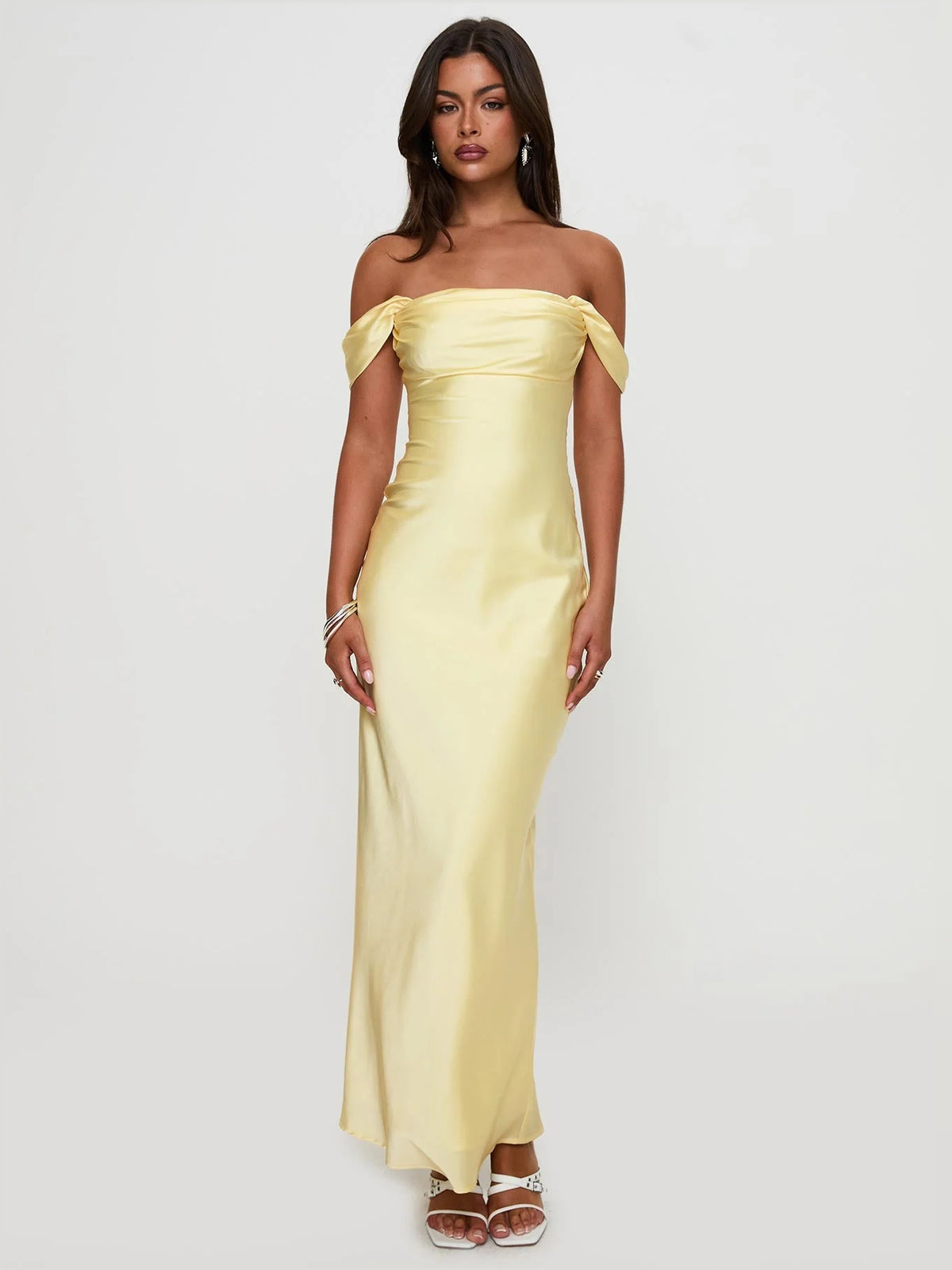 Yellow maxi prom dress, alternate view showing the full-length silhouette