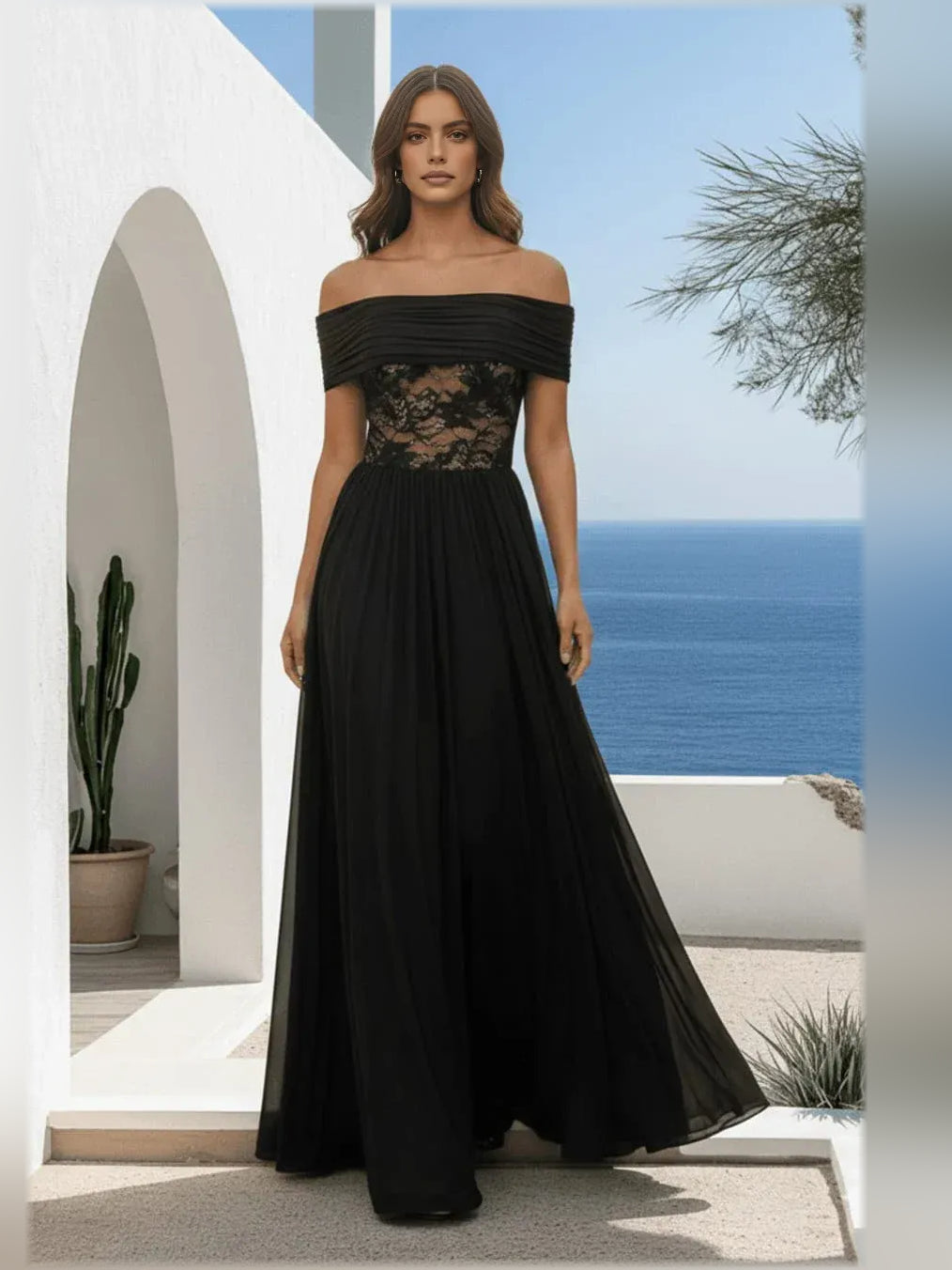 Black a-line floor-length formal dress with floral print, alternate view