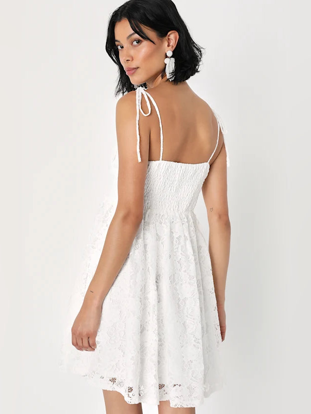 White mini homecoming dress, alternate view showing the full-length silhouette
