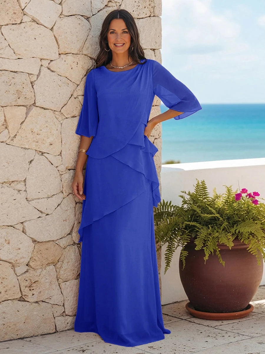 Navy floor-length mother of the bride dress, alternate view showing the full-length silhouette
