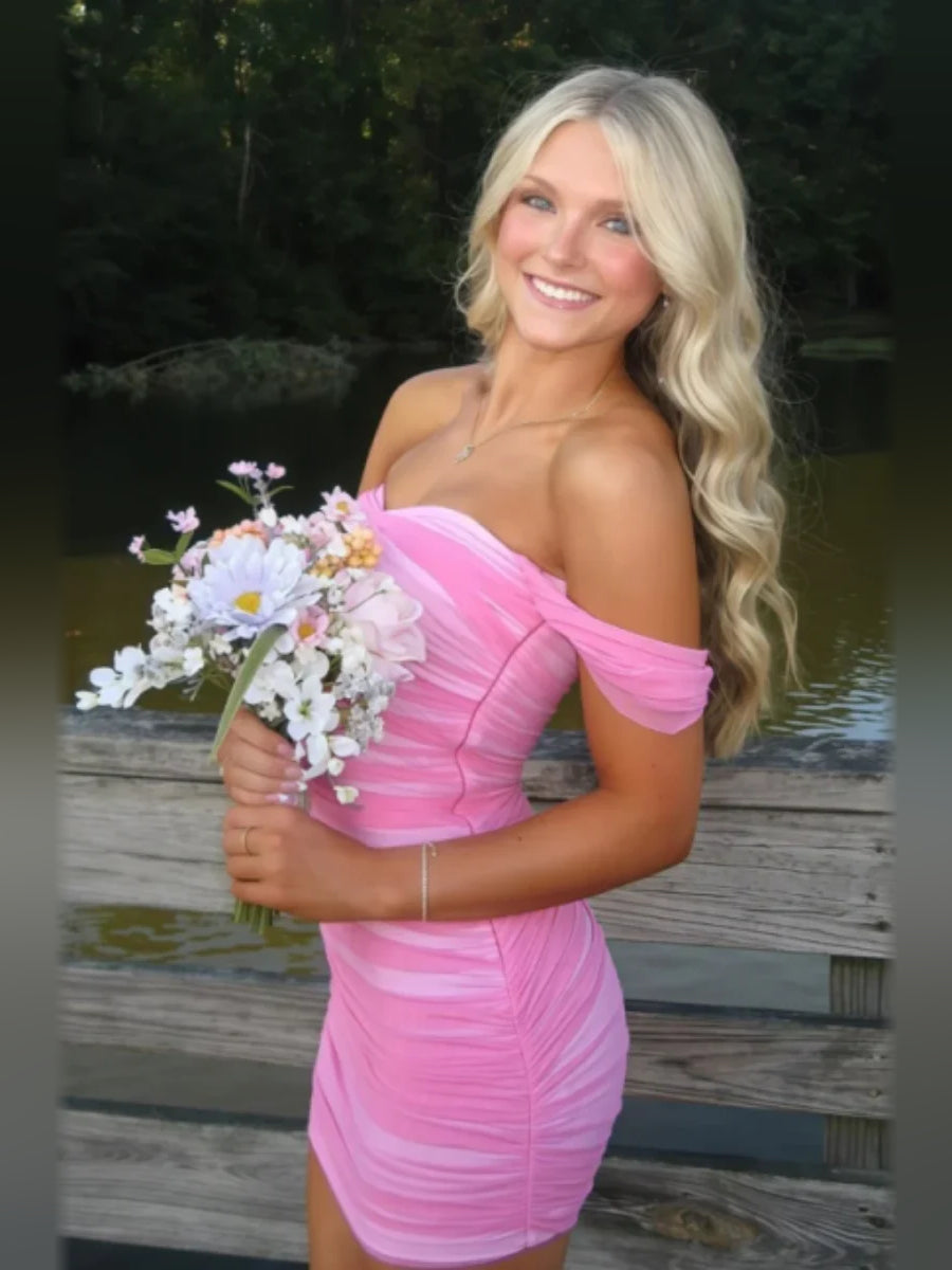 Pink mini homecoming dress, alternate view showing the full-length silhouette