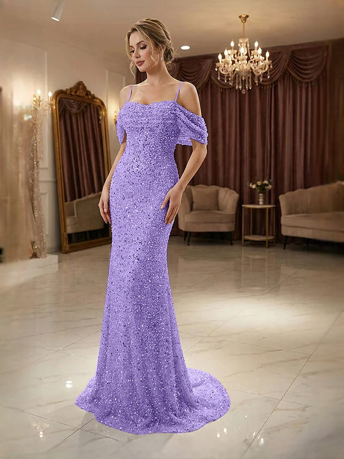 Lilac floor-length prom dress, alternate view showing the full-length silhouette