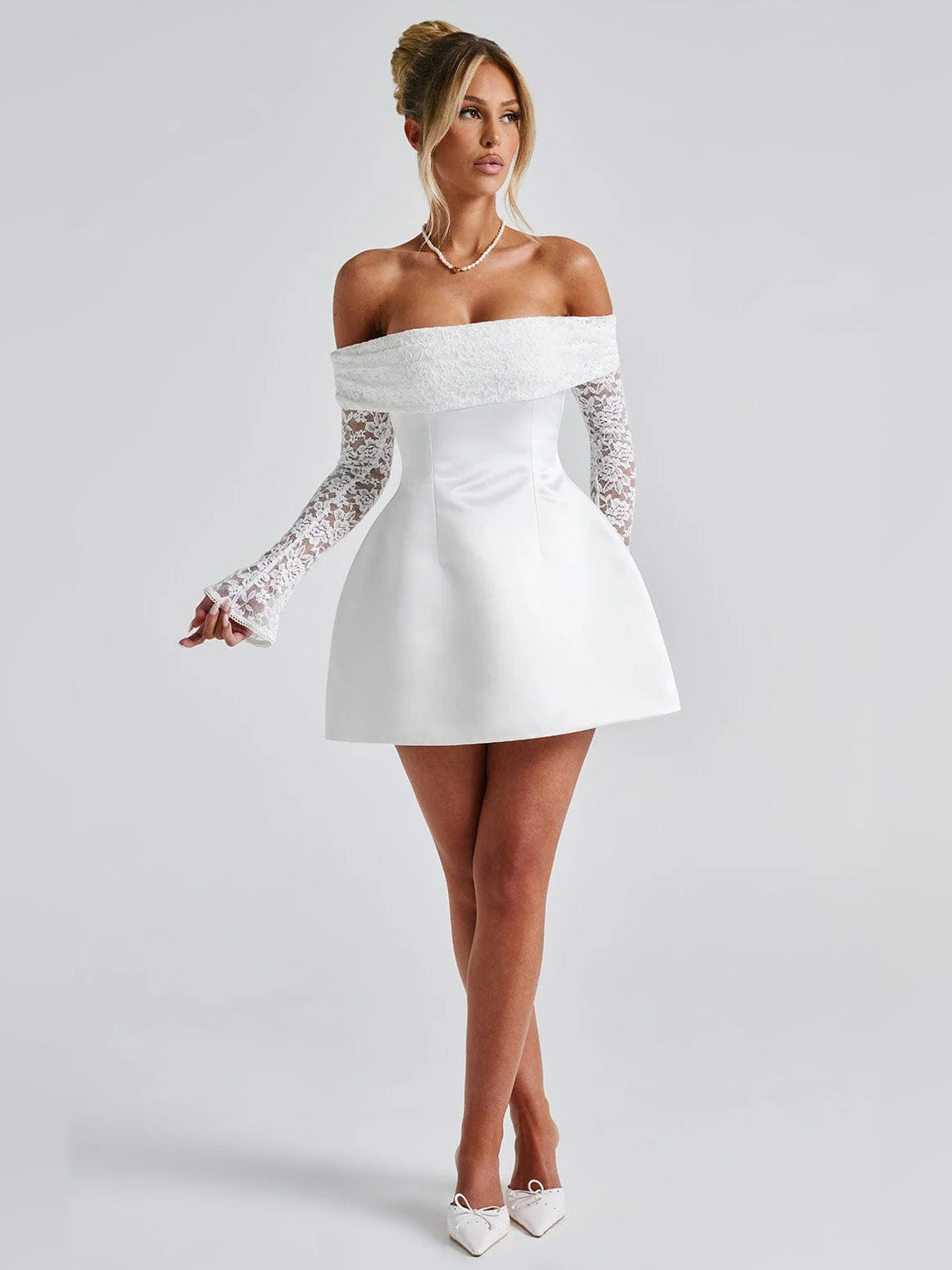 Ivory mini homecoming dress, alternate view showing the full-length silhouette
