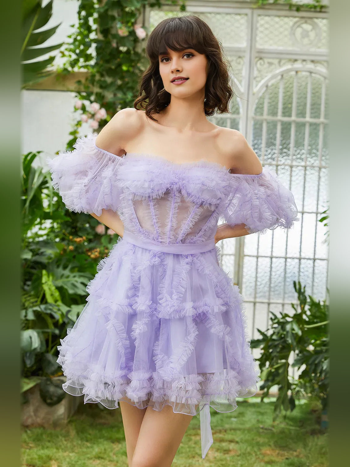 Lilac mini homecoming dress, alternate view showing the full-length silhouette
