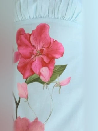 Blue Pink Floral mini homecoming dress, alternate view showing the full-length silhouette