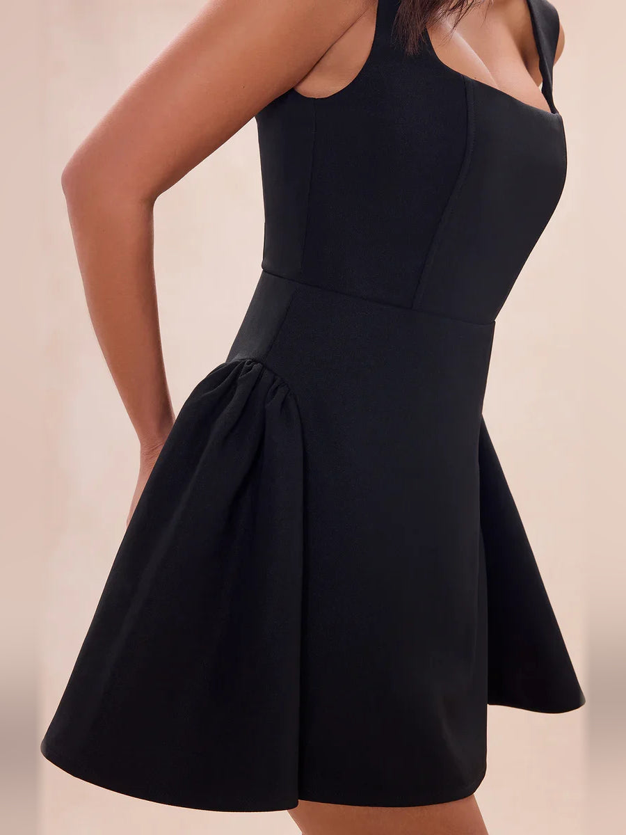 Red mini homecoming dress, alternate view showing the full-length silhouette from another angle