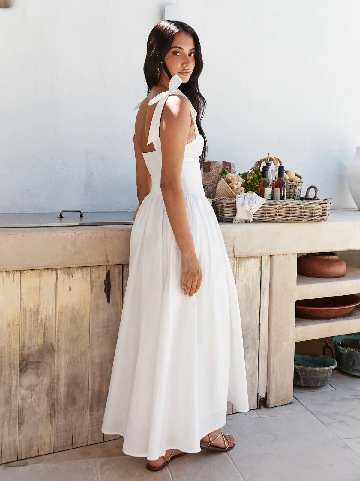 White midi formal dress, alternate view showing the shoulder line