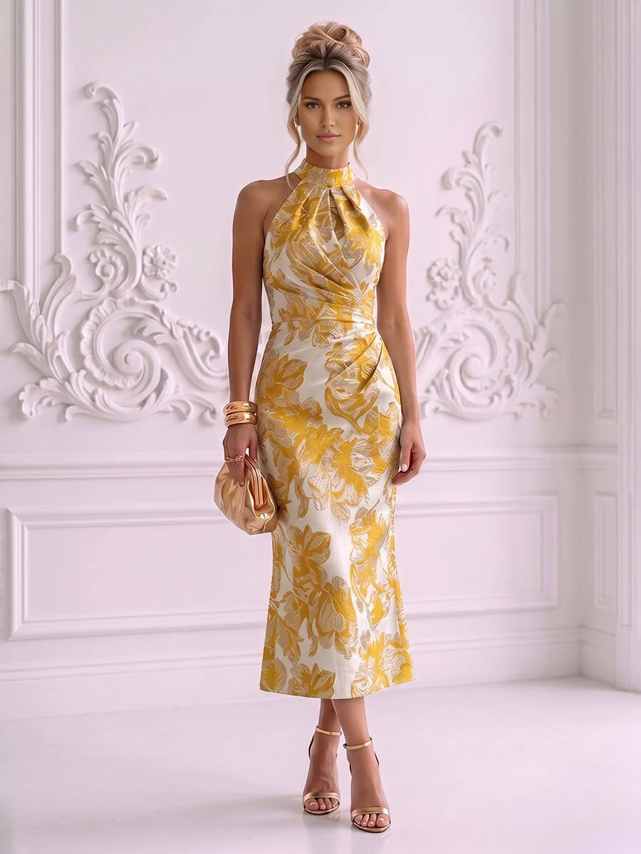 Yellow tea-length mother of the bride dress, alternate view showing the full-length silhouette
