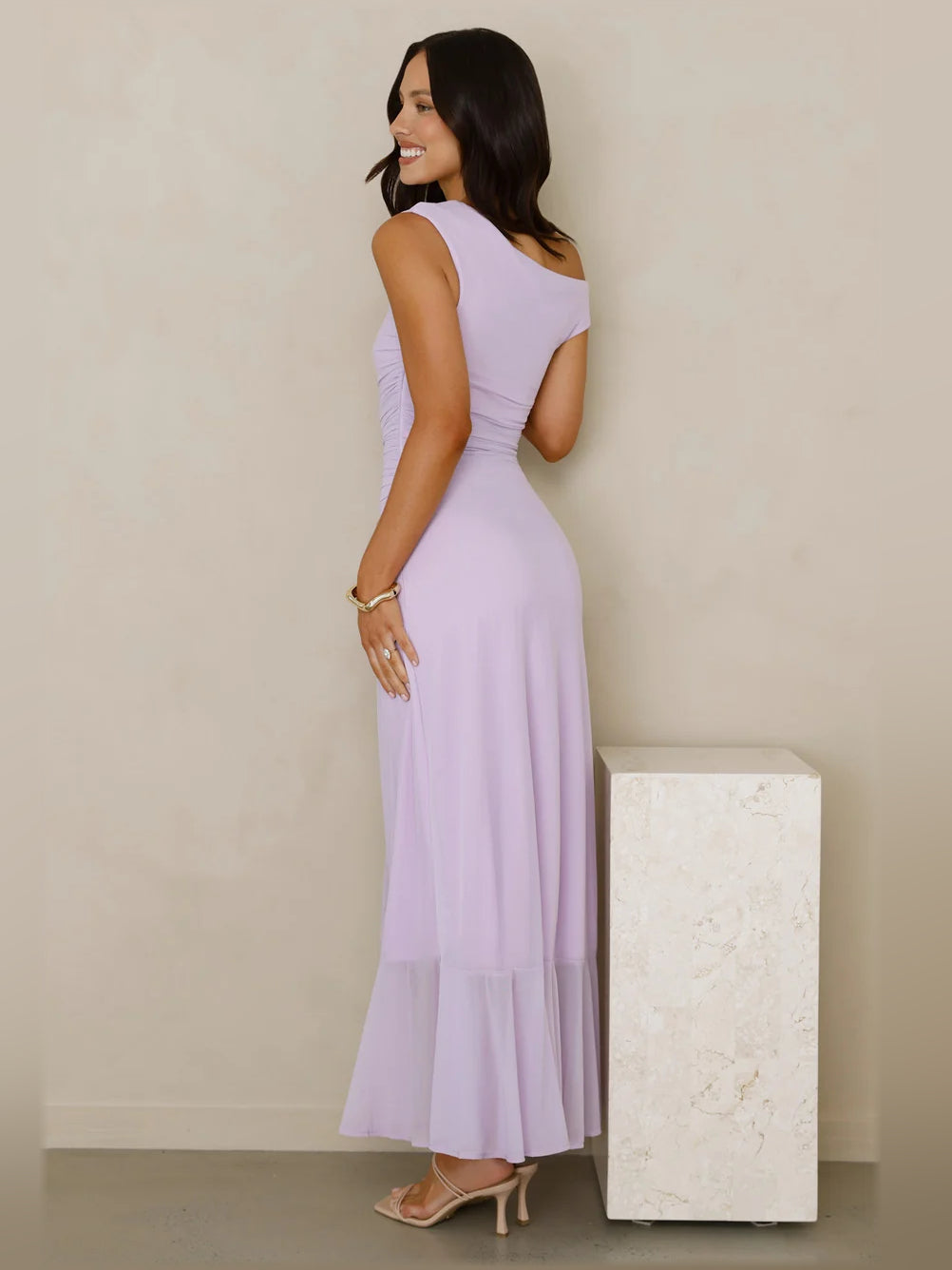 Lilac midi formal dress with off-the-shoulder neckline, alternate view showing the shoulder line