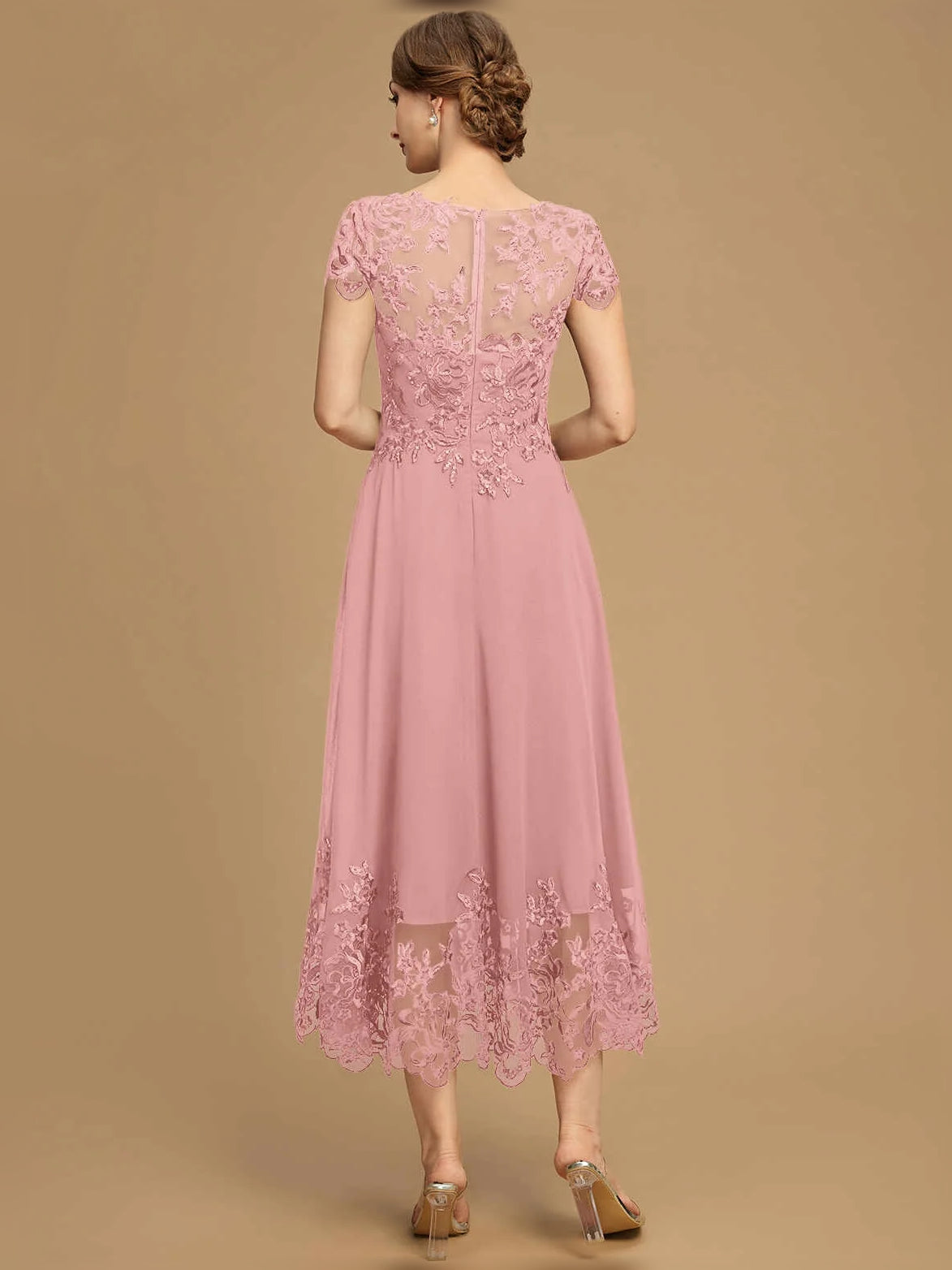 Dark Navy tea-length mother of the bride dress, alternate view showing the full-length silhouette