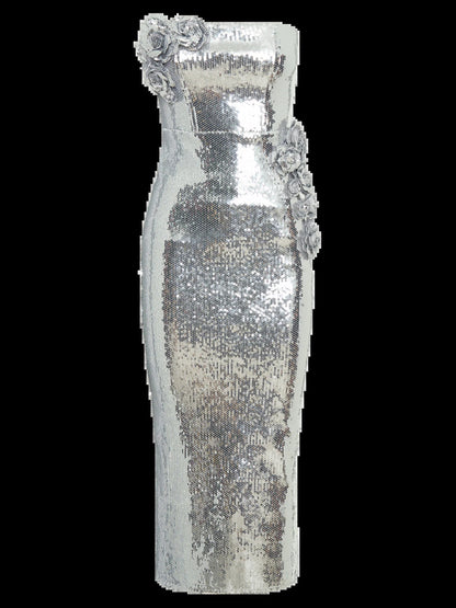 Silver midi formal dress with sequins, alternate view showing the shoulder line