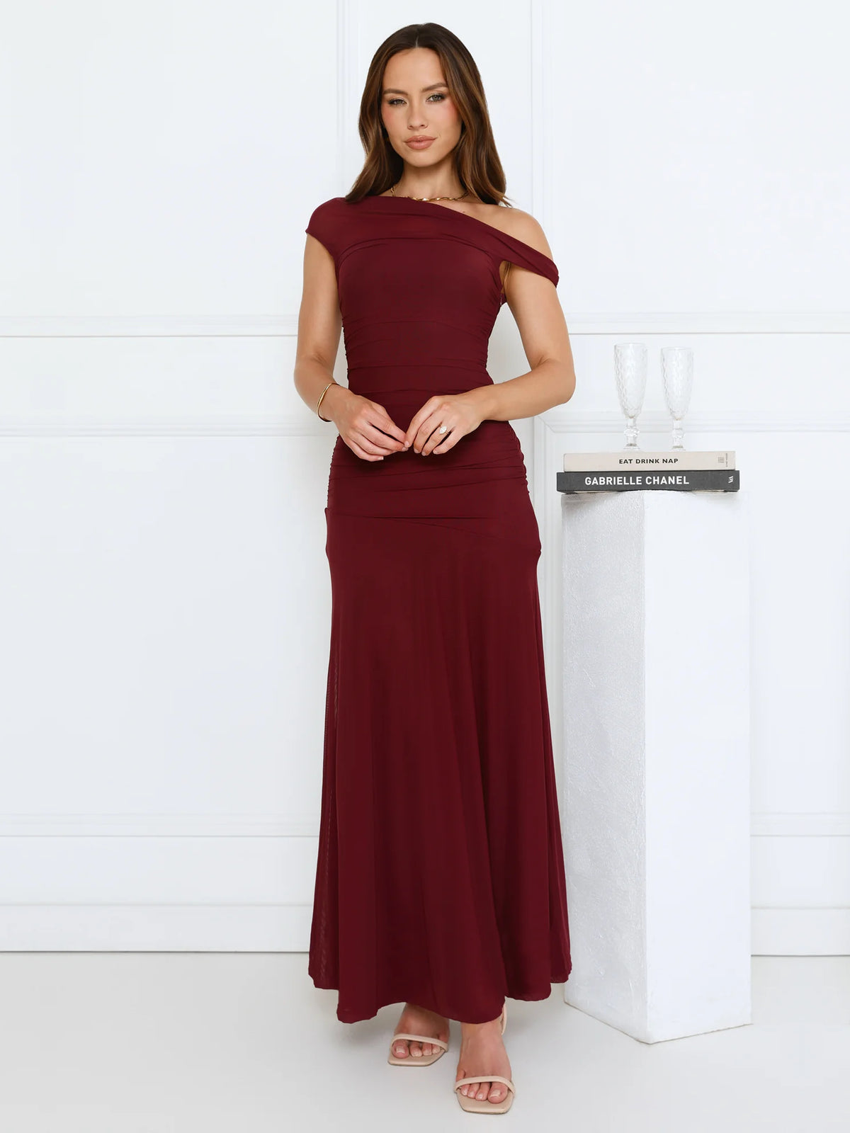 Wine sheath maxi formal dress with off-the-shoulder neckline, alternate view showing the shoulder line