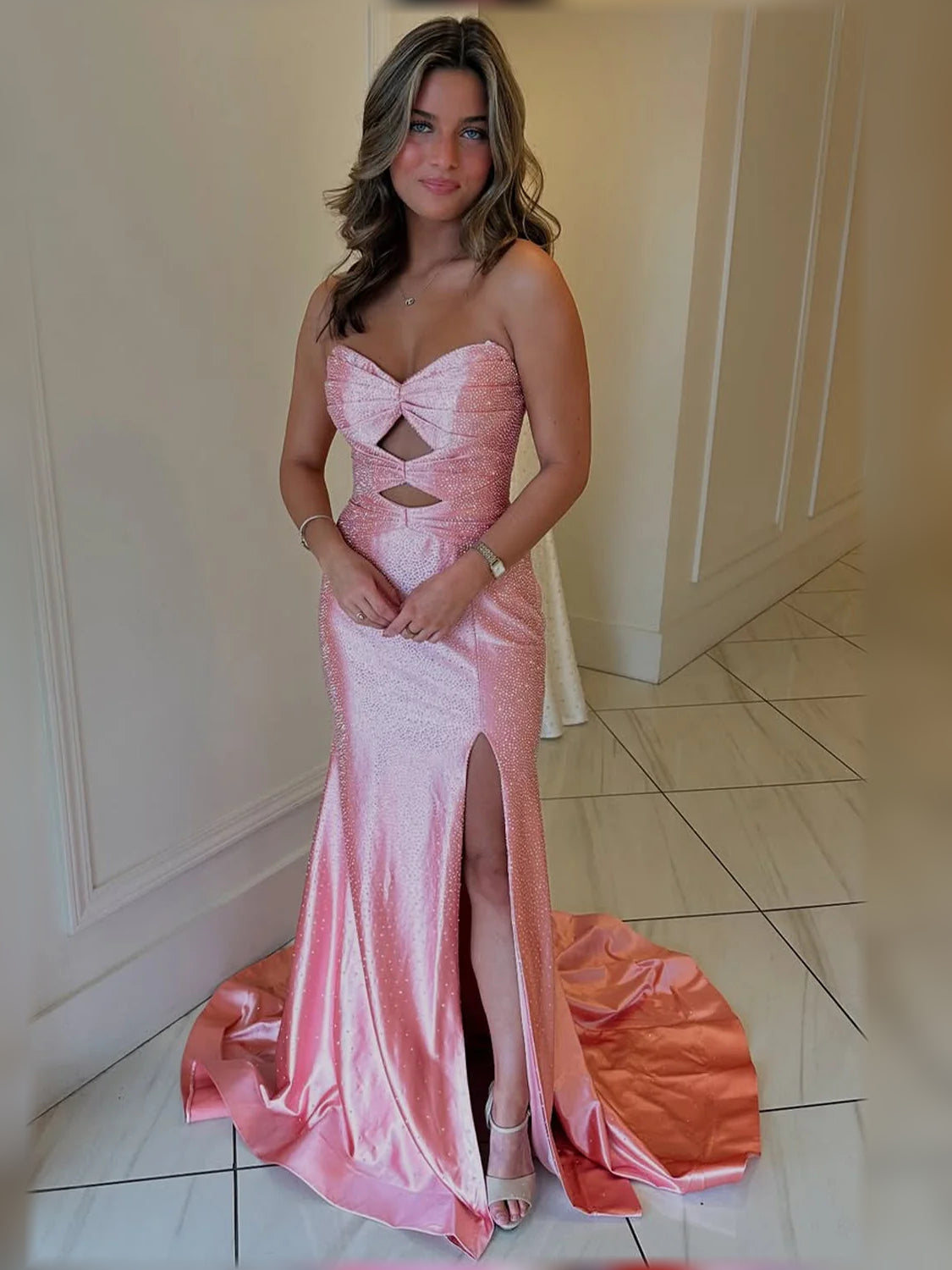Pink mermaid floor-length formal dress with beading, alternate view