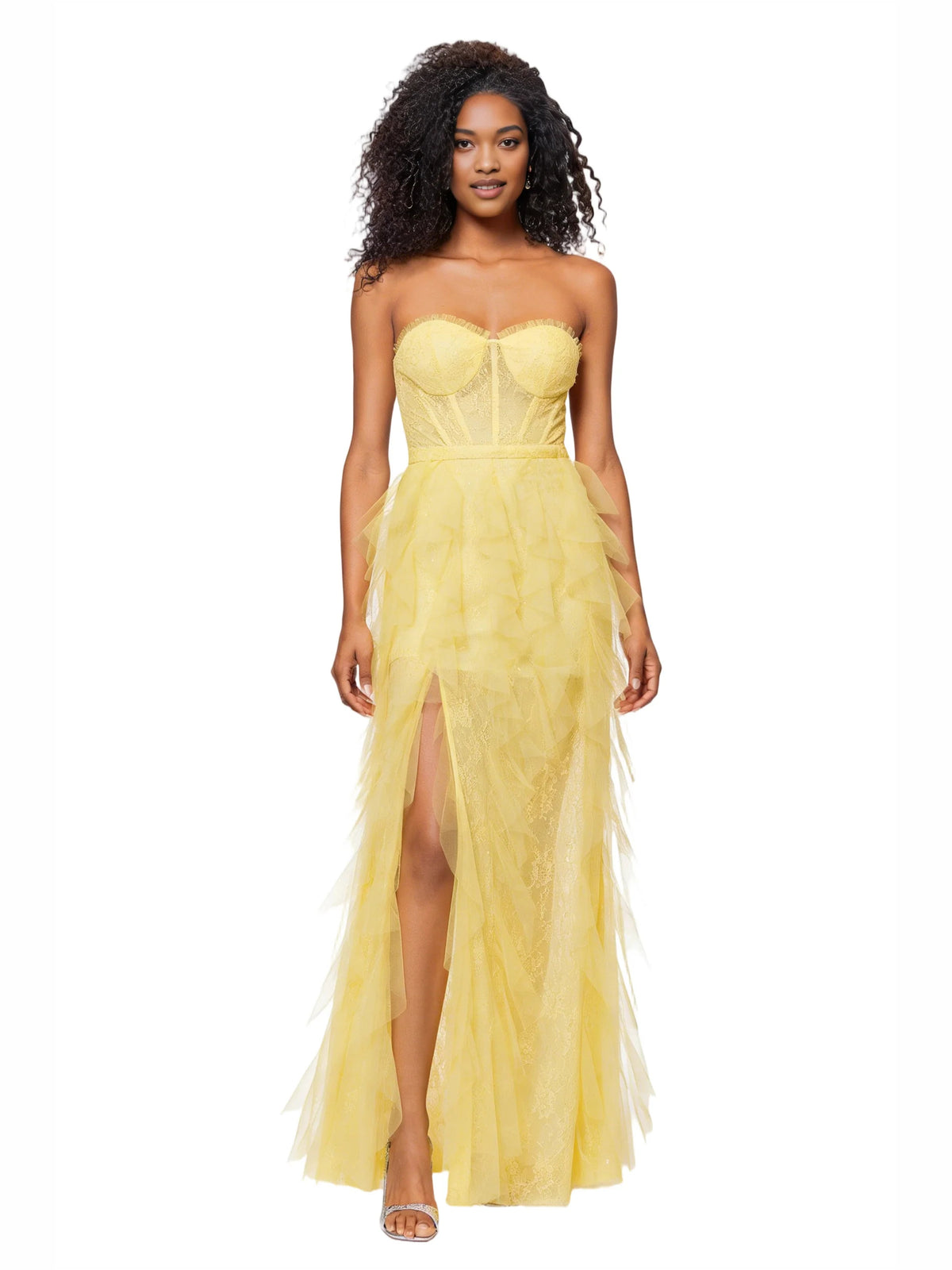 Black a-line floor-length formal dress with skirt slit, alternate view showing the shoulder line