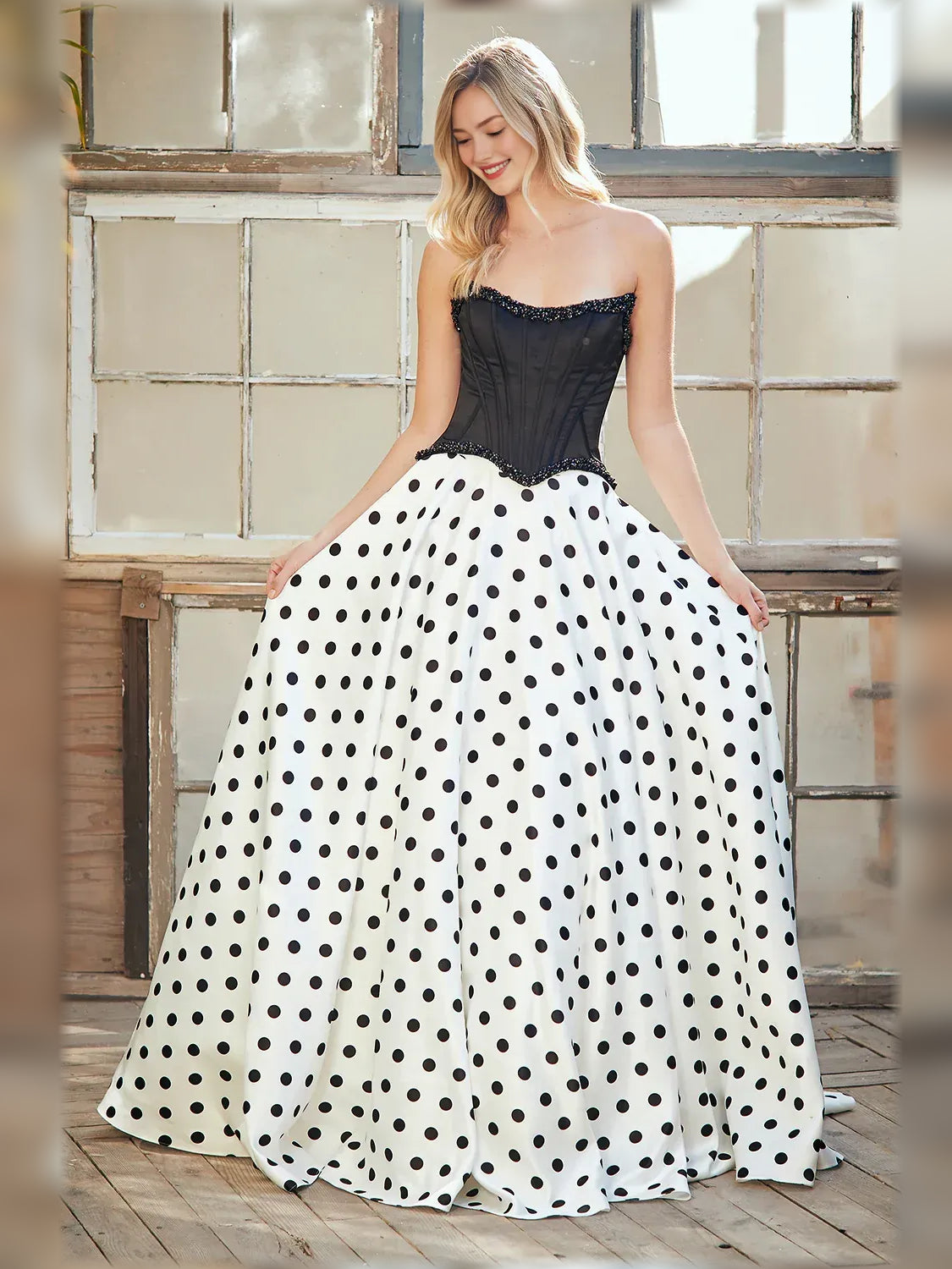 White a-line floor-length formal dress with printed pattern, alternate view