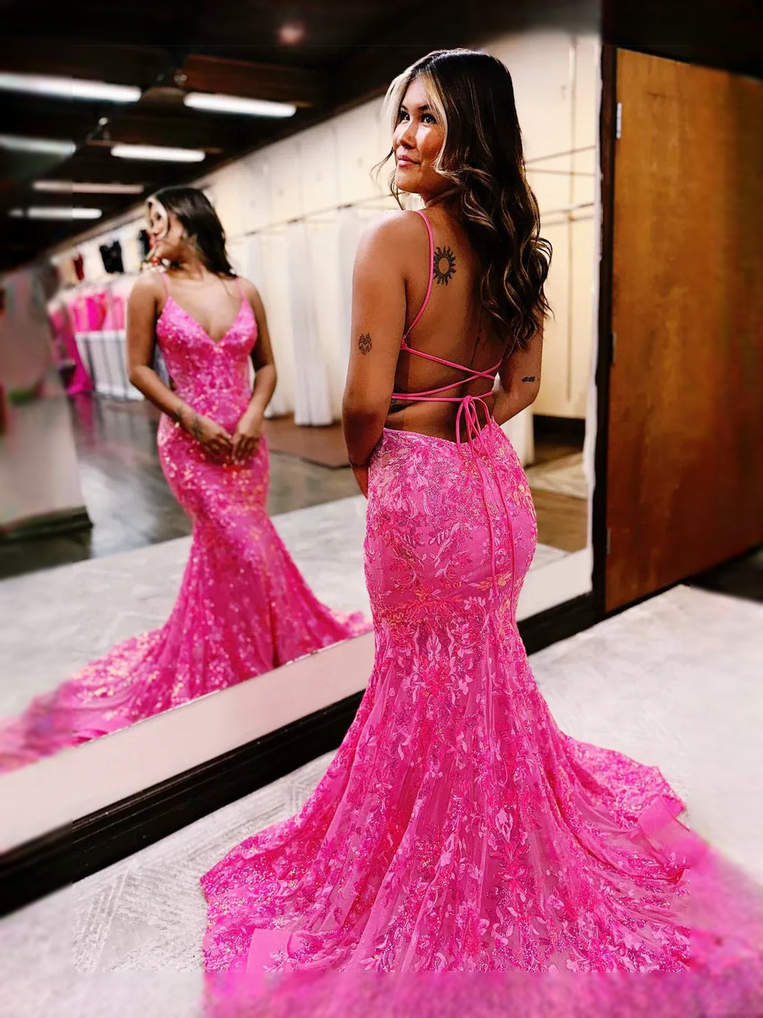 Hot Pink maxi prom dress, alternate view showing the full-length silhouette