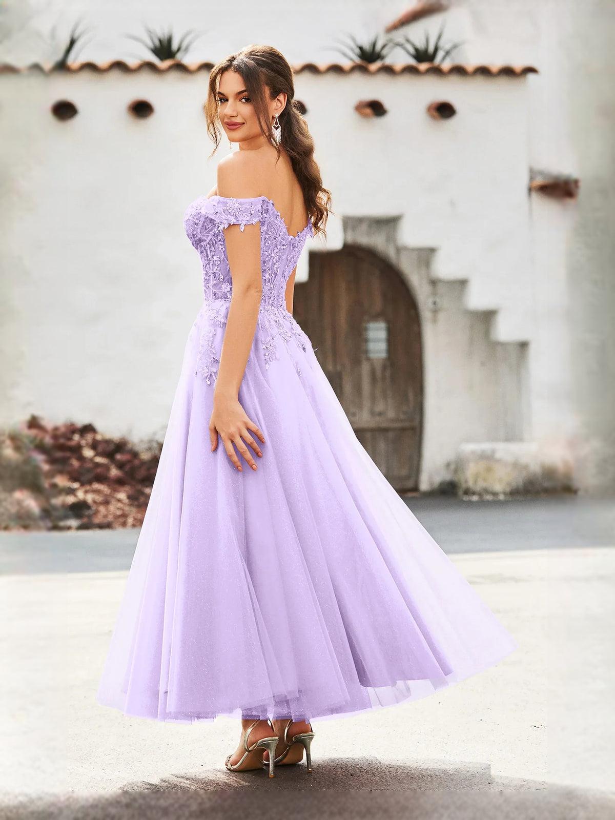 Blue tea-length prom dress, alternate view showing the full-length silhouette