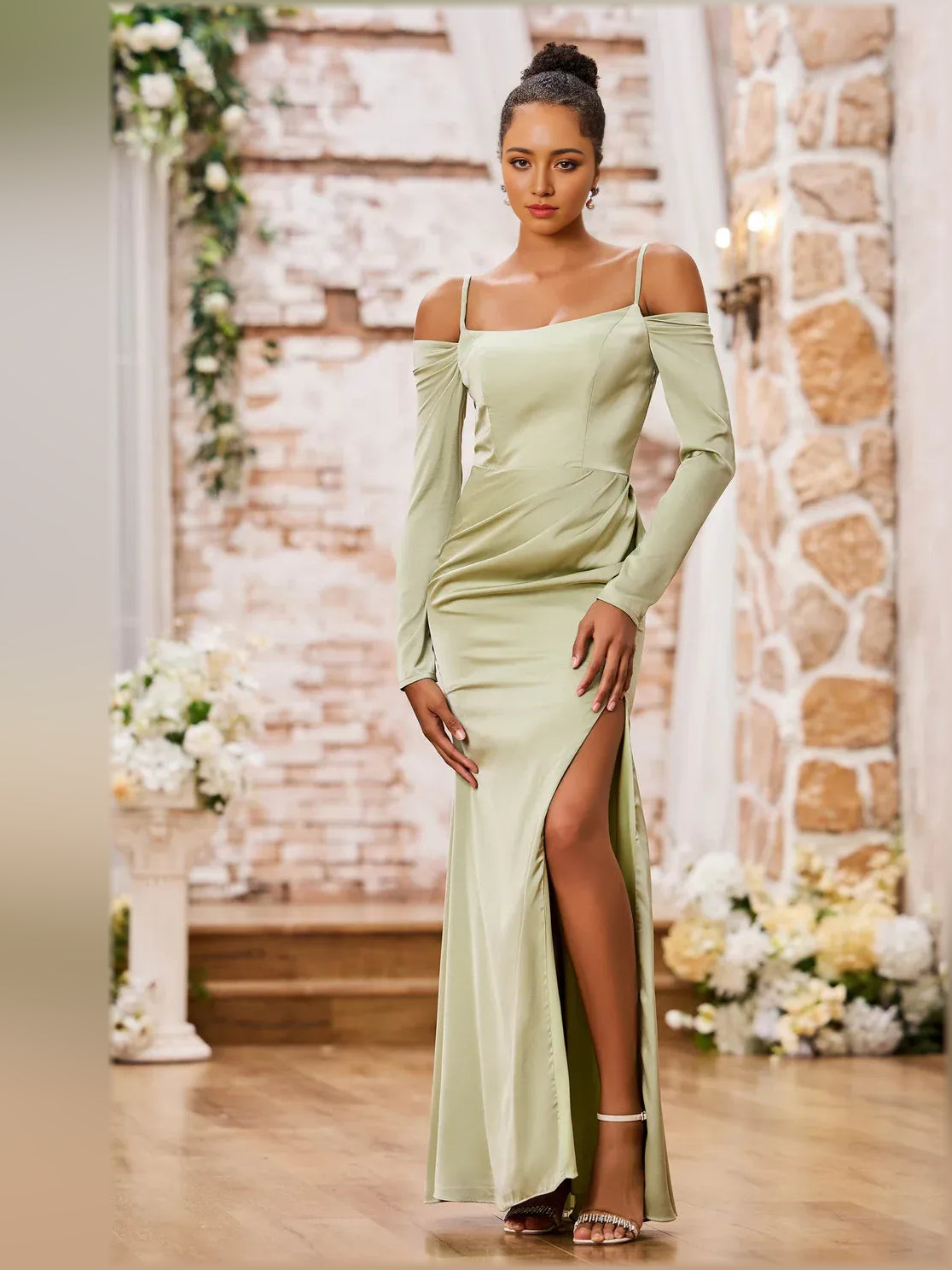 Sage Green mermaid floor-length formal dress with ruching, alternate view