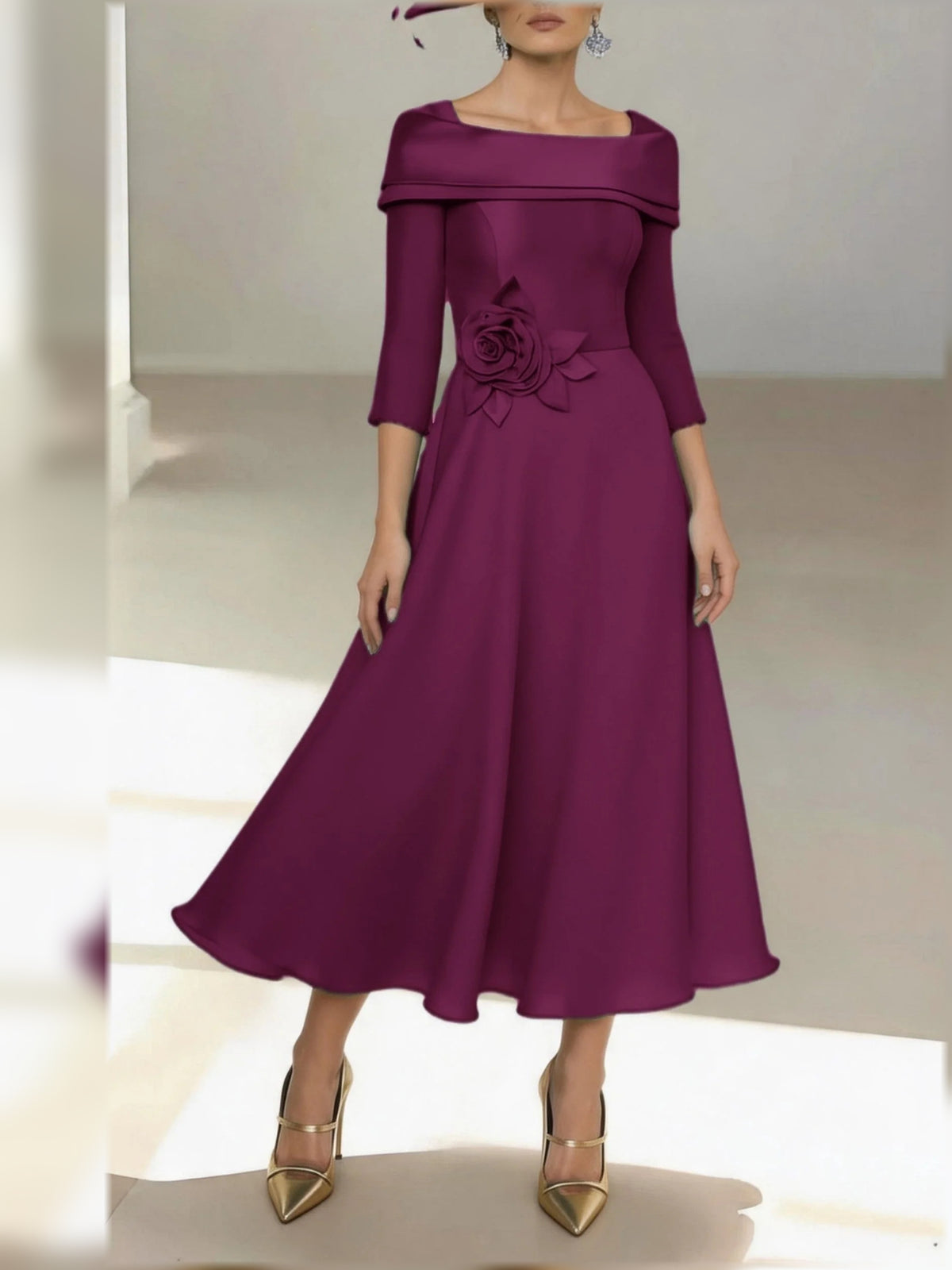 Deep Purple midi mother of the bride dress, alternate view showing the full-length silhouette