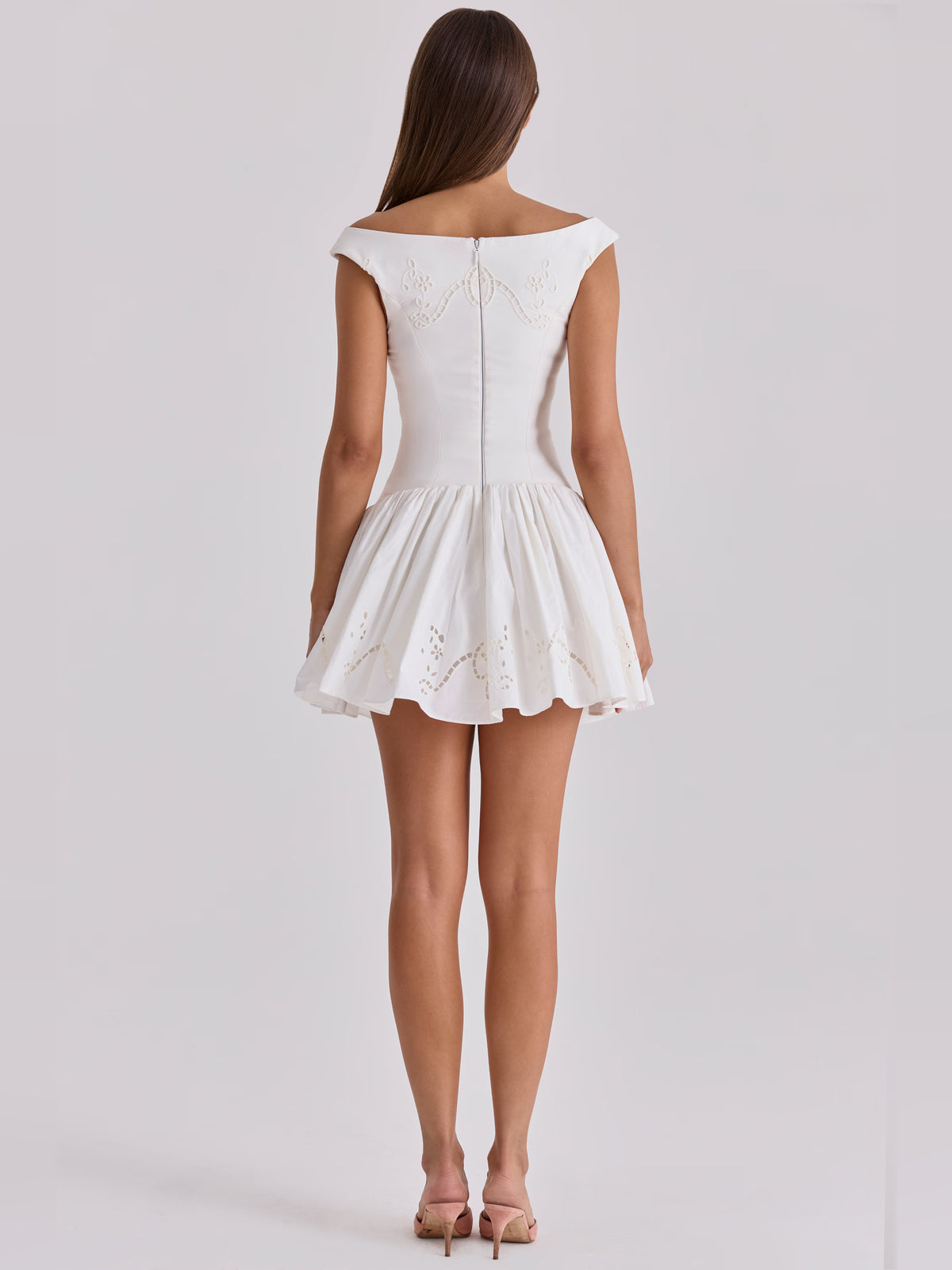 White mini homecoming dress, alternate view showing the full-length silhouette