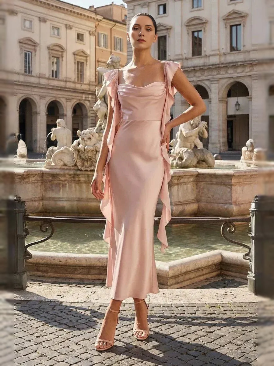 Blush Pink midi prom dress, alternate view showing the full-length silhouette