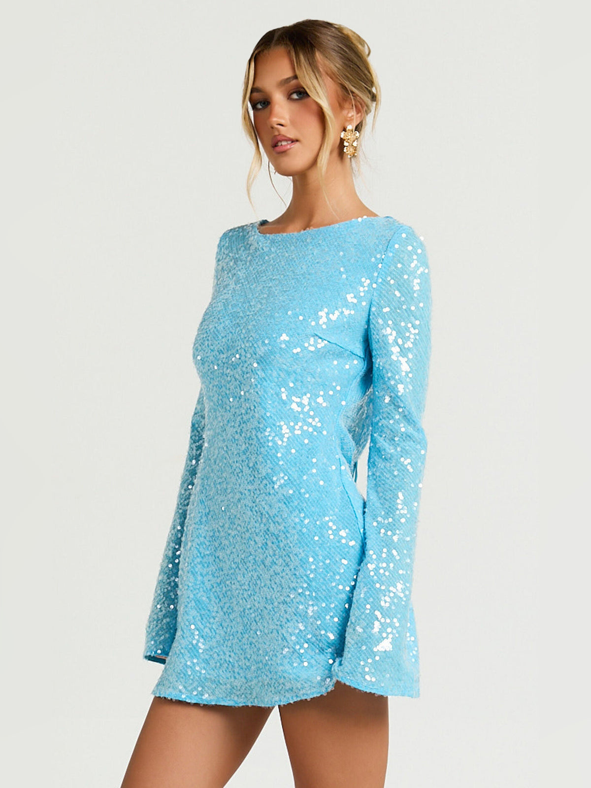 Blue mini homecoming dress, alternate view showing the full-length silhouette